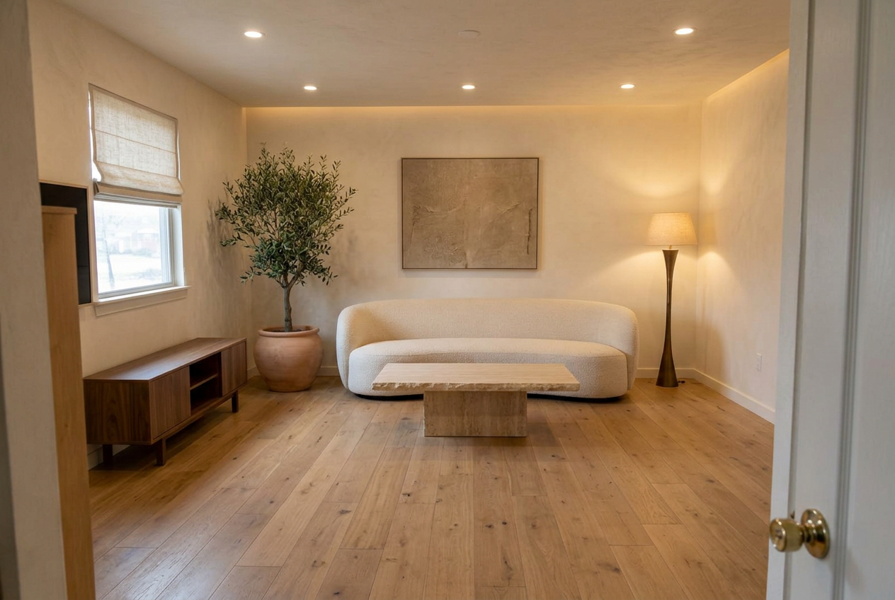 Concept demonstration of a redesigned living room with a curved sofa and natural materials